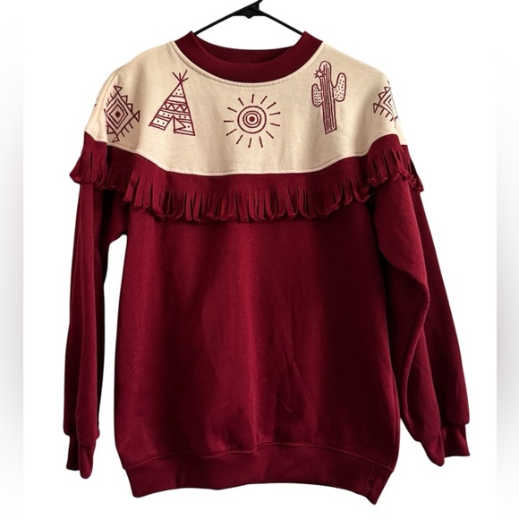 Vintage Gitano Red Aztec Fringe Collar BOHO Western Long Sleeve Sweater Size M - Picture 1 of 13